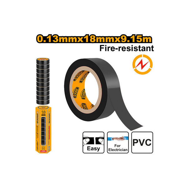 Ingco 10-Yard Electrical PVC Insulating Tape | 18mm Heavy-Duty Flame-Retardant Wire Insulation Wrap - Black (HPET1103)