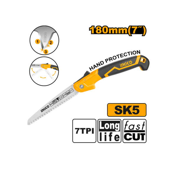 Ingco 7-Inch Industrial Folding Pruning Saw - 180mm Heat-Treated Taiwan SK5 Carbon Steel Hand Saw with Triple-Edge Teeth and Hand Protection Guard (HFSW1808)