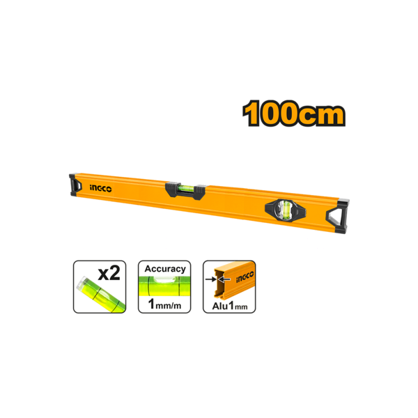 Ingco 100cm Heavy-Duty Aluminum Spirit Level | Industrial 3-Vial Precision Spirit Level with Advanced Shock-Absorbing Rubber End Caps (HSL58100)