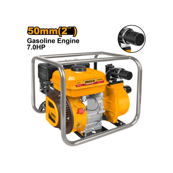 INGCO Gasoline Water Pump (GWP202) – 2" Suction & Discharge Port Heavy-Duty Pump Powered by 7.0HP Gasoline Engine, 208cc Displacement, 550L/min Max Flow Rate & 28m Max Head Lift, Features 3.6L Fuel Tank & Recoil Starting System