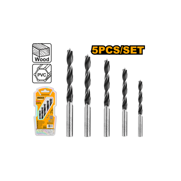 Ingco 5-Piece Wood Drill Bit Set | Carbon Steel Brad Point Boring Bits for Carpentry and Furniture Assembly (AKDB5055)