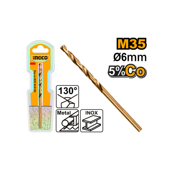Ingco 6mm HSS-Cobalt M35 Drill Bit (DBT01130601) Premium Industrial Grade High-Speed Steel Metal Drill Bit for Drilling Stainless Steel, Cast Iron & Hard Alloys