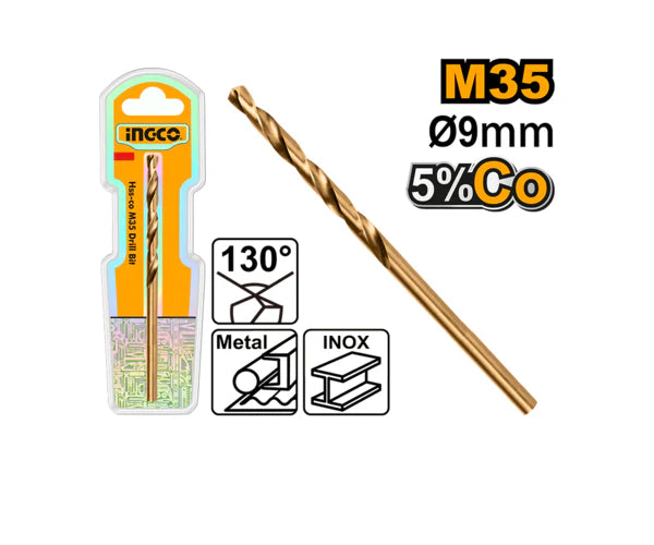 Ingco 9.0mm HSS-Co M35 Twist Drill Bit | Cobalt High-Speed Steel Jobber Drill for Stainless Steel and Hard Metals (DBT01130901)