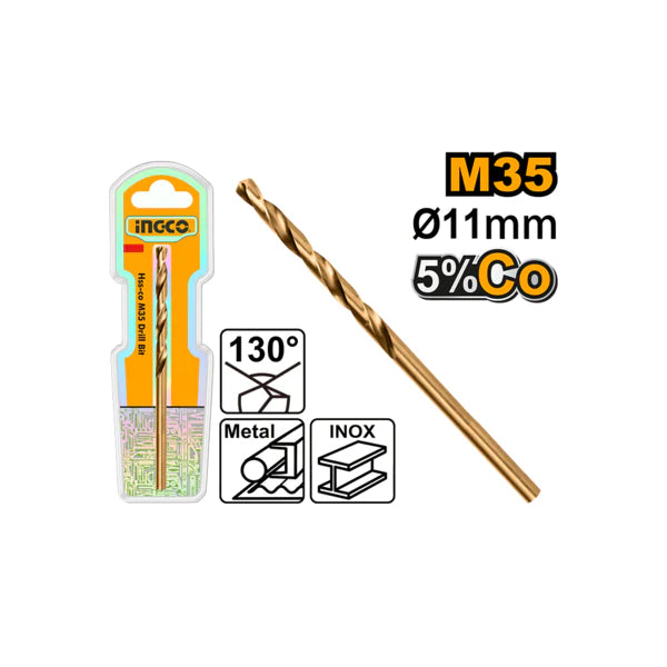 Ingco Industrial M35 Cobalt HSS Twist Drill Bit | 11mm Premium High-Speed Steel-Cobalt Metal Drilling Bit with 135° Split Point Tip Layout (DBT01131101)