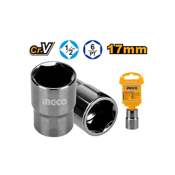 Ingco 1/2-Inch Drive 17mm Deep Socket (HHAST12171) 6-Point Chrome Vanadium Hexagonal Socket with Black Nickel Plating for High-Torque Mechanical Fastening