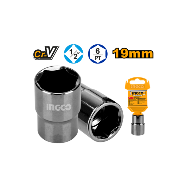 Ingco 19mm Professional 1/2 Inch Drive Deep Hexagonal Socket - 6-Point Chrome Vanadium Steel Long Socket Tool for Automotive and Mechanical Repairs (HHAST12191)