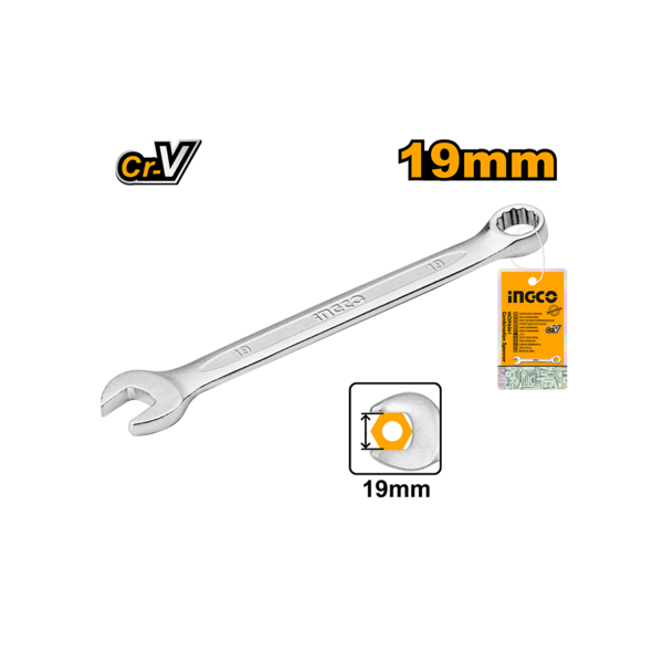 Ingco 19mm Individual Combination Spanner | Chrome-Vanadium Steel Metric Fastening Wrench with Matte Satin Finish (HCSPA191)