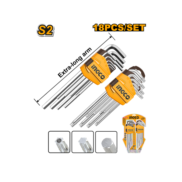 Ingco 18-Piece Professional Long Arm Hex & Torx Key Set | Premium Cr-V Metric Allen Wrench and Star Key Kit with Storage Organizers (HHKSET0181)