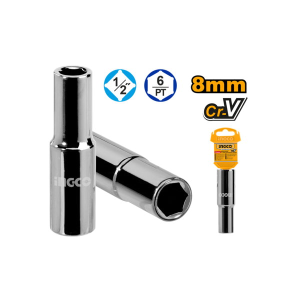 Ingco 1/2-Inch Drive 8mm Deep Hexagonal Socket | Chrome Vanadium Steel Long Reach 6-Point Mechanics Socket (HHAST12083L)