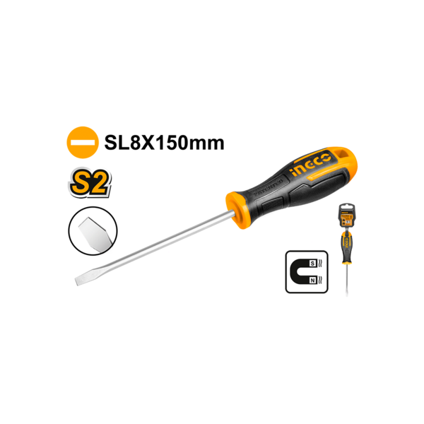 Ingco Professional Slotted Screwdriver | Premium Chrome Vanadium Flat Head Driver with Ergonomic High-Grip Handle - 6.5mm x 150mm (HS688150)