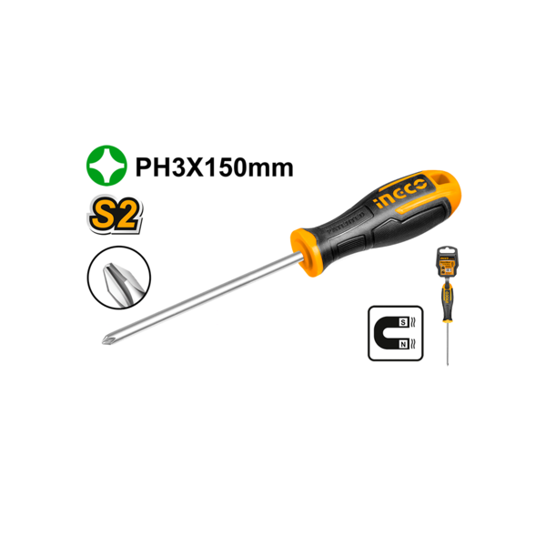 Ingco PH3 Phillips Screwdriver | Heavy-Duty 150mm Premium Round Shank Magnetic Tip Screwdriver with Ergonomic Two-Color Soft Grip Handle (HS68PH3150)