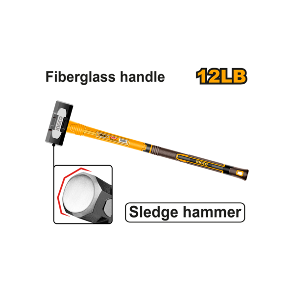 Ingco 12LB Heavy-Duty Industrial Sledge Hammer | 900mm High-Impact Forged Carbon Steel Demolition Club Wrecker with Shock-Absorbing Fiberglass Handle (HSM81598)
