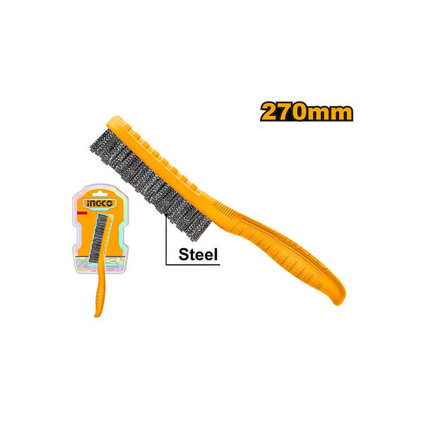 INGCO 270mm (10.6") 5-Row Steel Wire Brush with Curved Plastic Handle – High-Density Carbon Steel Bristles, Heavy-Duty Rust & Paint Removal, and Integrated Hanging Hole (HKTWB2705)