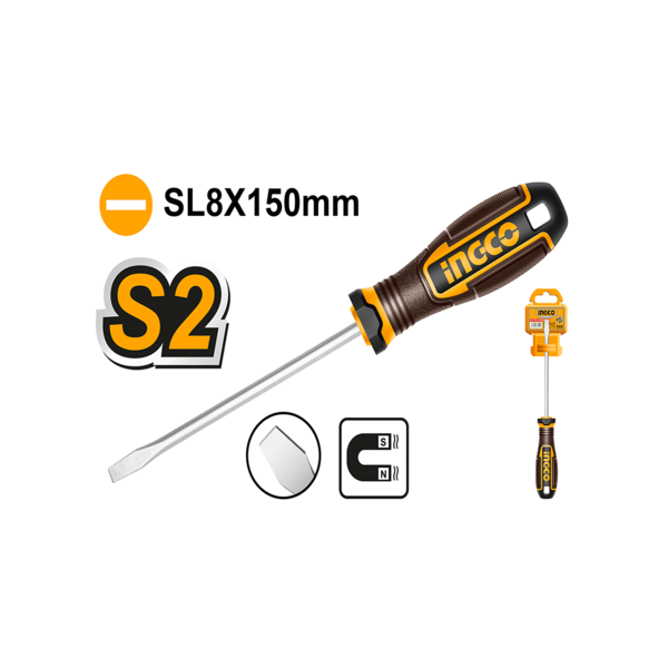 Ingco 8.0mm Slotted Screwdriver | 150mm Cr-V Flat Head Fastener Tool with Ergonomic High-Grip Handle (HSDSL8150)