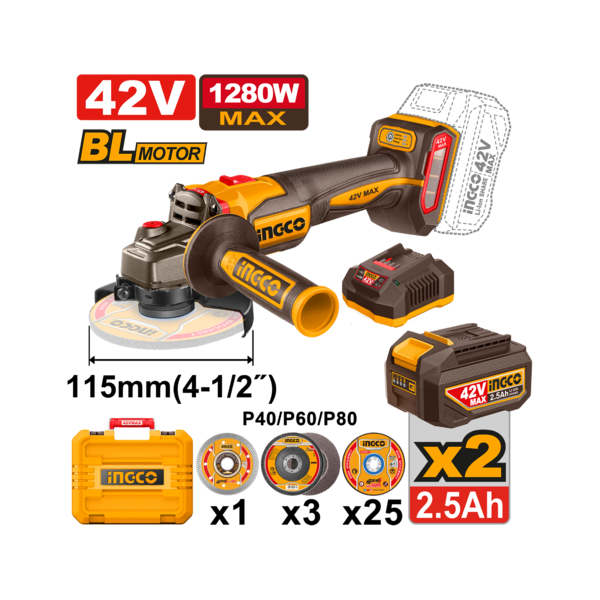 INGCO 42V Cordless Angle Grinder (CAGLI4128112) – 115mm Disc Diameter, High-Performance 42V Lithium-Ion System, Ergonomic Grip and Enhanced Motor Durability, Engineered for Heavy-Duty Grinding, Cutting, and Professional Metal Fabrication.