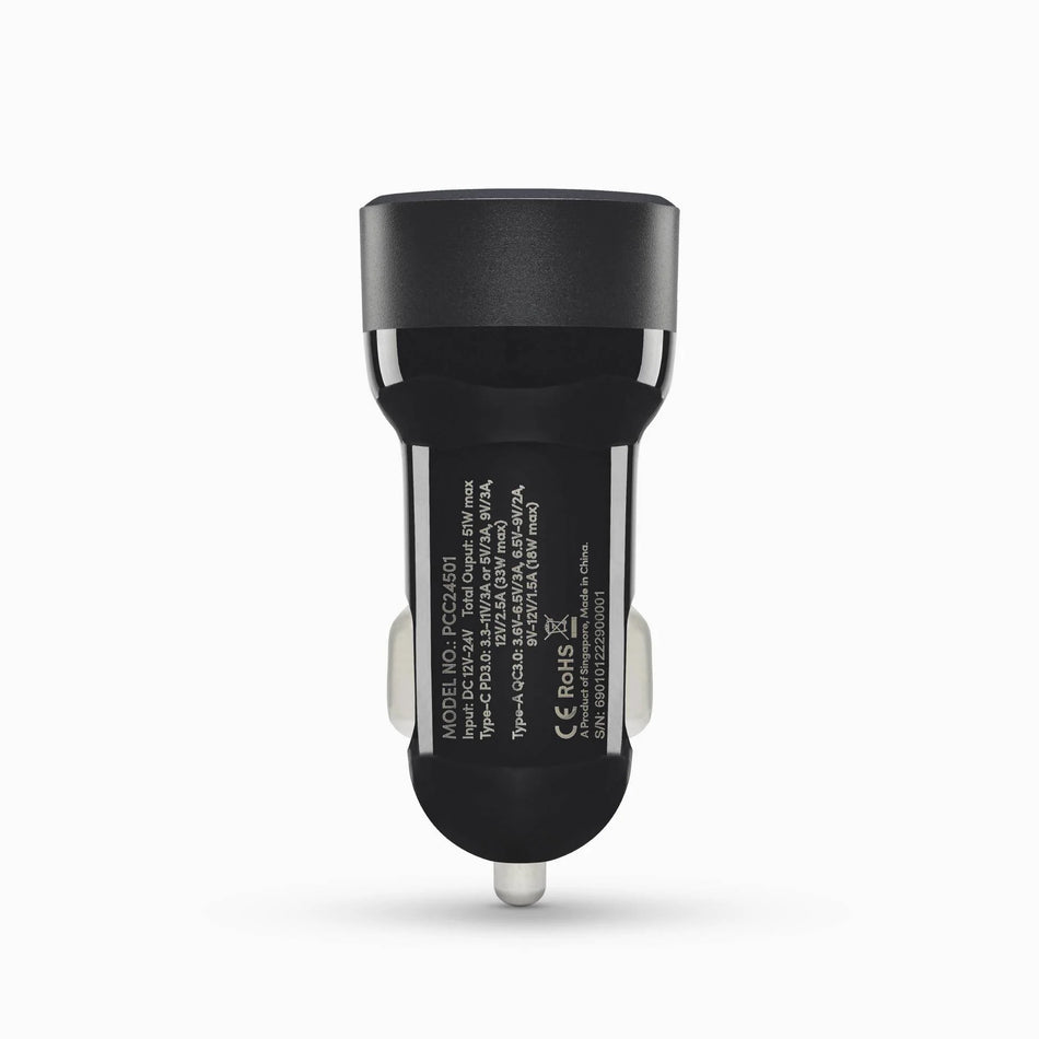 Prolink PCC24501 51W 2-Port Car Charger with IntelliSense, 1x USB-C PD3.0, 1x QC3.0