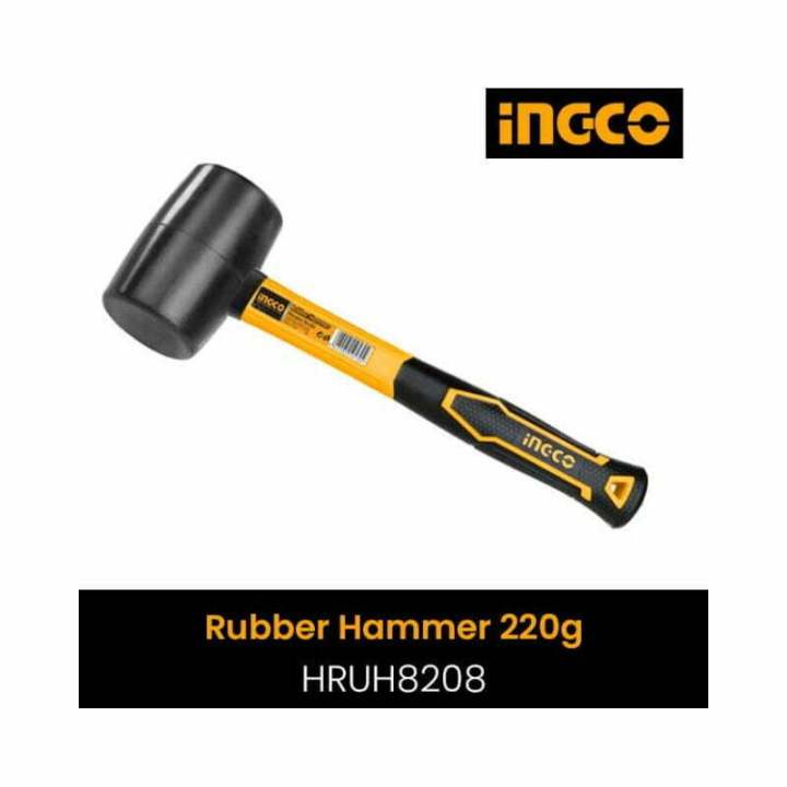 INGCO 8oz (220g) Rubber Hammer (Marteau en Caoutchouc) – Non-Marring Black Rubber Head, High-Strength Fiberglass Handle, Soft Rubberized Grip, and Shock-Absorbing Core (HRUH8208)