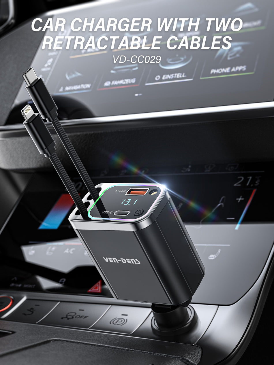 Ven-Dens VD-CC029 55W Fast Car Charger | Dual Retractable Cables (USB-C & Lightning) with USB-A & Type-C Ports