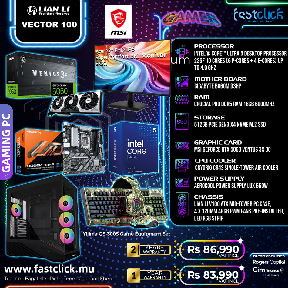 Fastclick Mega Sale: Ultimate Intel Ultra 5 & RTX 5060 Complete Gaming PC Bundle (Includes 27" Monitor & Peripherals)