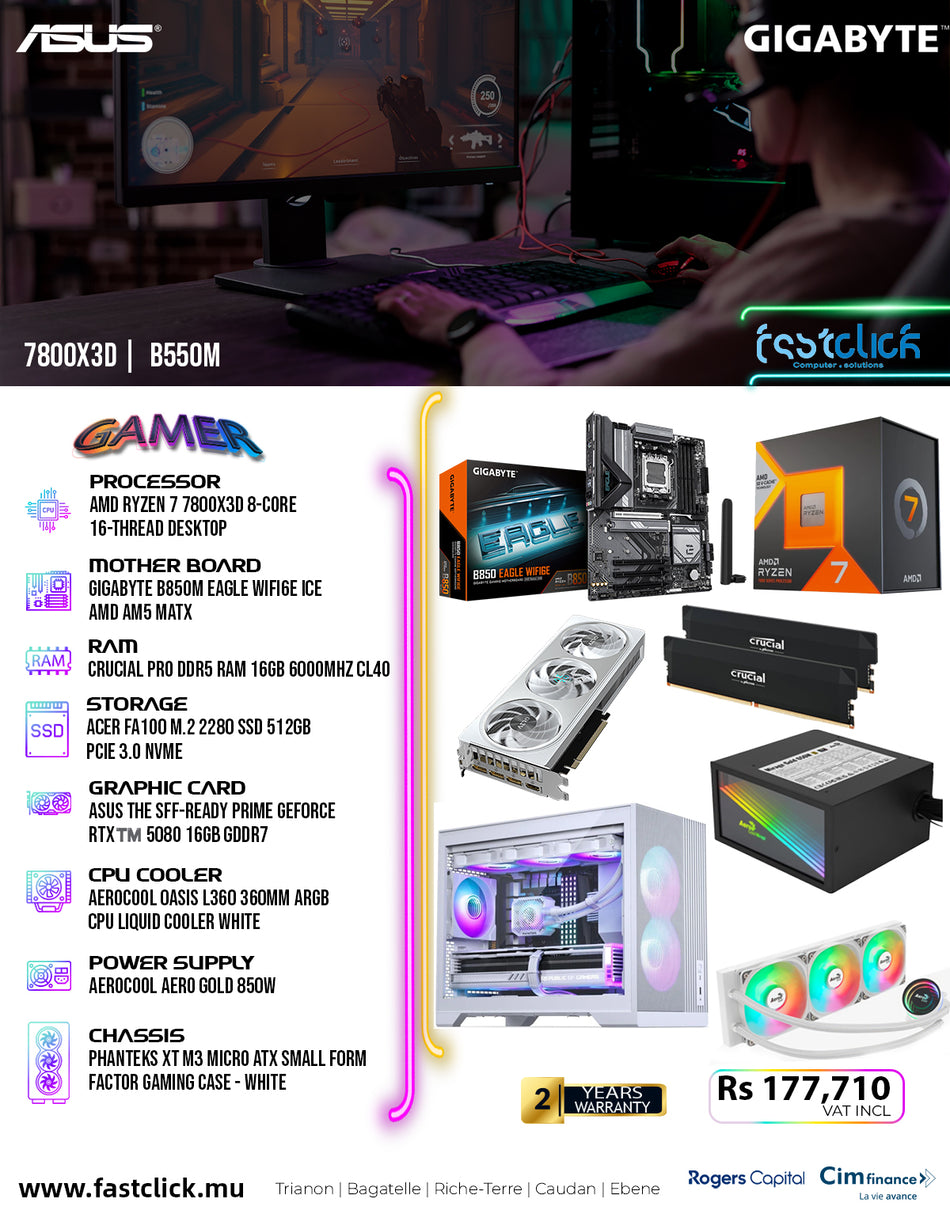 Fastclick Ultimate Gaming PC Bundle – Ryzen 7 7800X3D, RTX 5080 16GB, 16GB DDR5 RAM, 512GB NVMe SSD, 360mm Liquid Cooler – White Edition