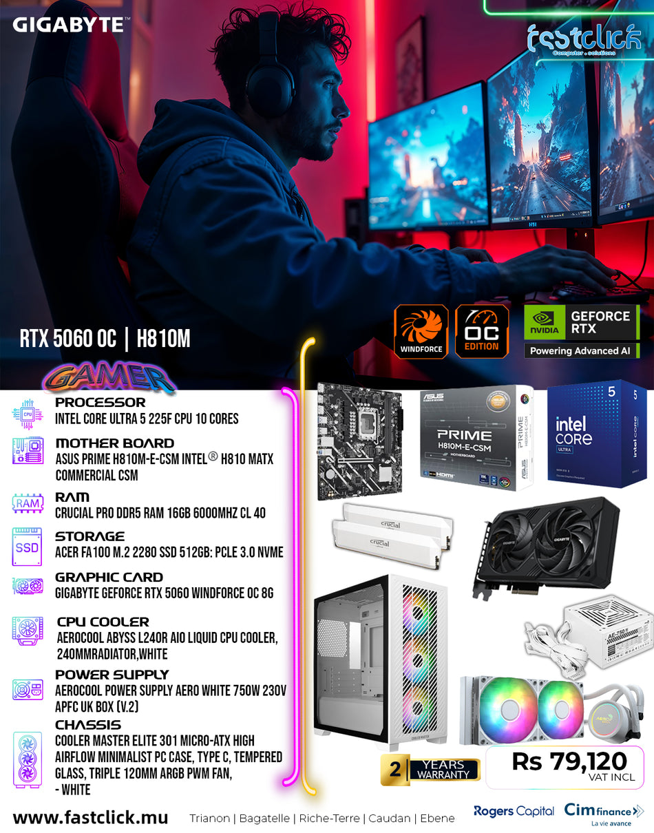 Fastclick Gaming PC Bundle – Intel Core Ultra 5, RTX 5060 OC 8GB, 16GB DDR5 RAM, 512GB NVMe SSD, 240mm Liquid Cooler – White Edition