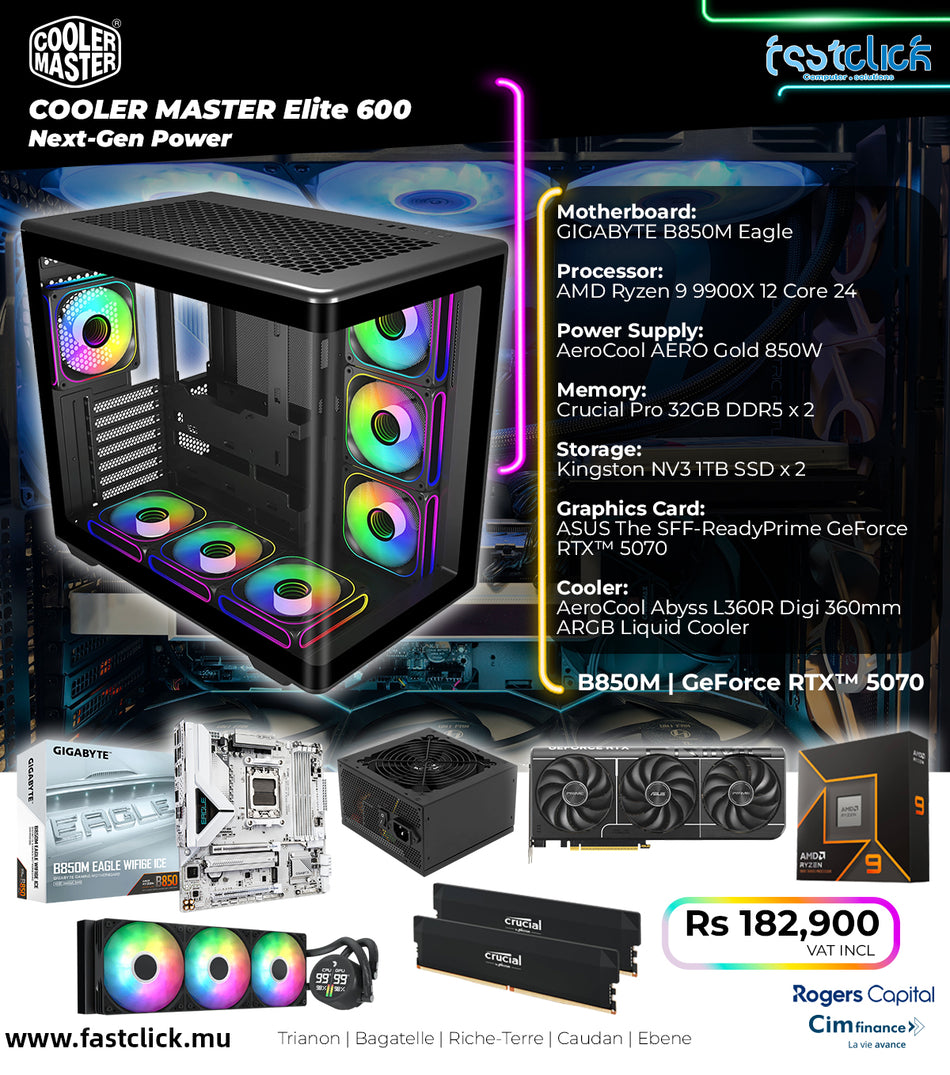 Fastclick Cooler Master Elite 600 Gaming PC Bundle – AMD Ryzen 9 9900X, RTX 5070, 64GB DDR5 RAM, 2TB NVMe SSD, 360mm Digital Liquid Cooler