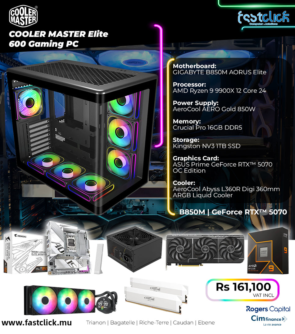 Fastclick Cooler Master Elite 600 Gaming PC Bundle – AMD Ryzen 9 9900X, RTX 5070 OC, 16GB DDR5 RAM, 1TB NVMe SSD, 360mm Digital Liquid Cooler