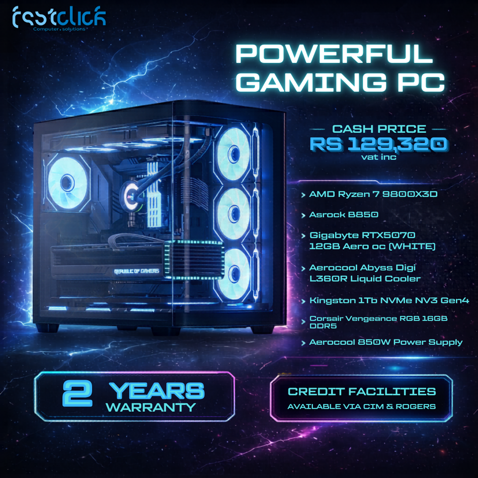 Gaming PC, Ryzen 7 9800X3D up to 5.2GHz, GIGABYTE RTX 5070 12GB AERO OC, 1TB Gen4 NVMe SSD, 16GB DDR5 RAM, ASRock B850, 850W PSU, 360mm Liquid Cooler