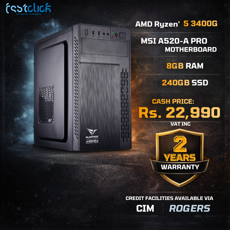 Desktop PC, AMD Ryzen 5 3400G 3.7GHz (Up to 4.2GHz Turbo), Radeon Vega Graphics, 240GB SSD, 8GB DDR4 RAM, MSI A520-A PRO Motherboard, HDMI/DVI
