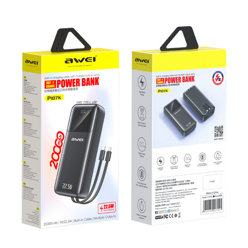 Awei P107K 5in 1 Power Bank 20000mAh With Type C & Lightning Cable PD22.5W