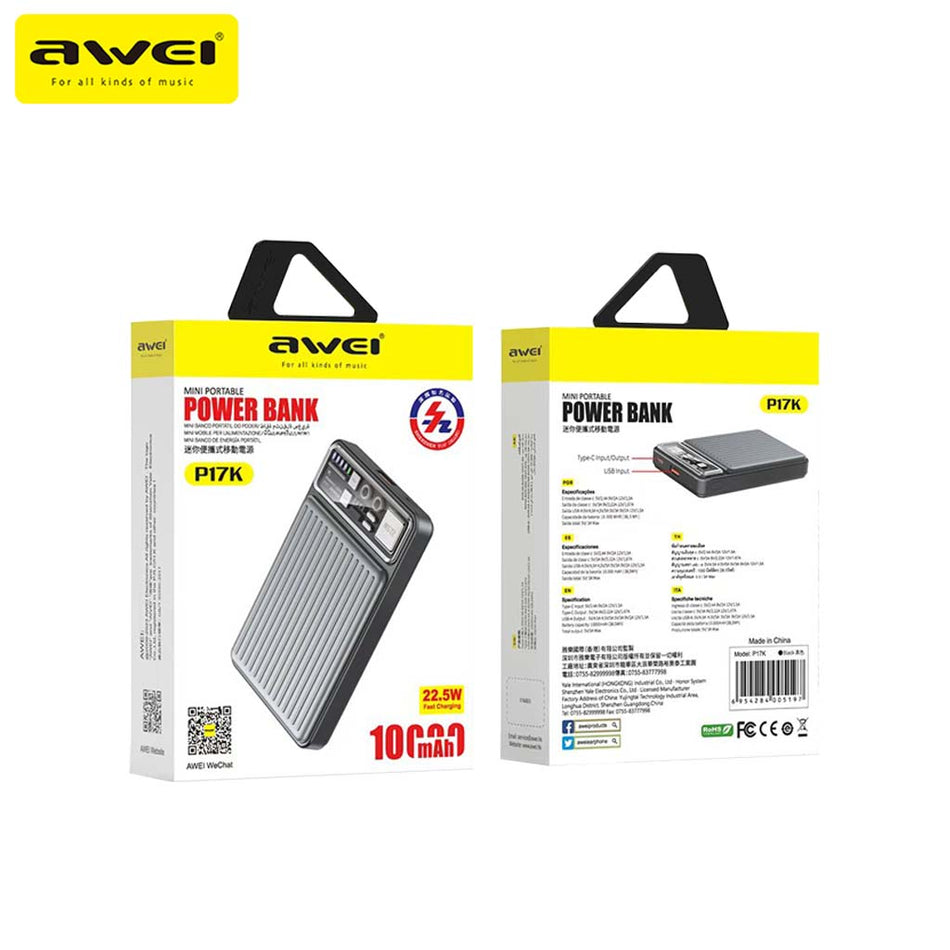 POWERBANK Awei P17K Mini Outdoor Power Bank 10000mAh for iOS & Android Phone Powerbank Type C Charger PD22.5W Fast Charge External Battery