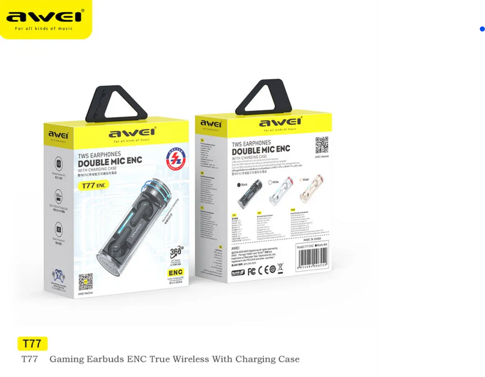 Awei T77 ENC TWS with Charging Case Bluetooth Earbuds Double Mic Call Noise Reduction Earbuds white