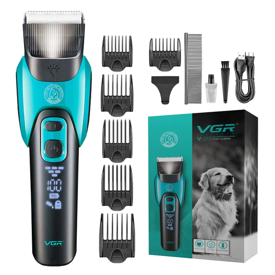 VGR V-208 Professional Dog Hair Clipper - Low Noise Cordless Pet Grooming Kit (Green)