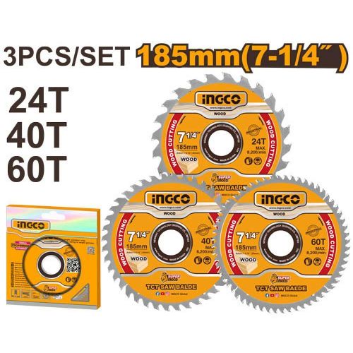 Ingco 3-Piece Professional TCT Circular Saw Blade Set - 185mm (7-1/4 Inch) Wood Cutting Blades with 24T, 40T, and 60T Tooth Matrix & Reduction Rings (TSB51852153)