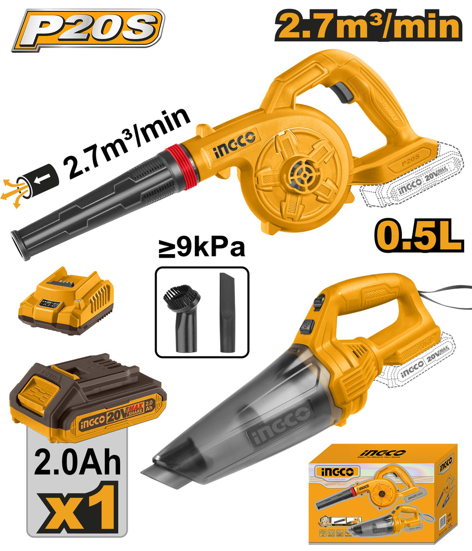 INGCO 20V Cordless Vacuum Cleaner and Blower Combo, 0.5L Dust Cup, 9kPa Suction, 18000RPM Blower, 2.7m³/min Airflow, Includes 2.0Ah Battery & Charger, Crevice Nozzle & Dust Brush for Home Car Cleaning - COSLI240998