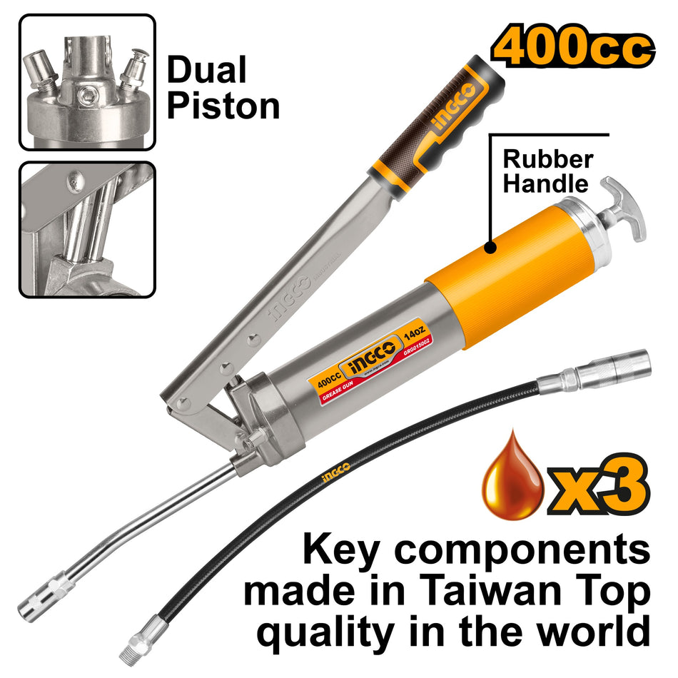 Ingco 400cc Industrial Dual-Piston Heavy-Duty Grease Gun – High-Volume 6000 PSI Professional Manual Lever Grease Gun with 12-Inch Flexible Hose & Metal Bend Spout (GRG015002)