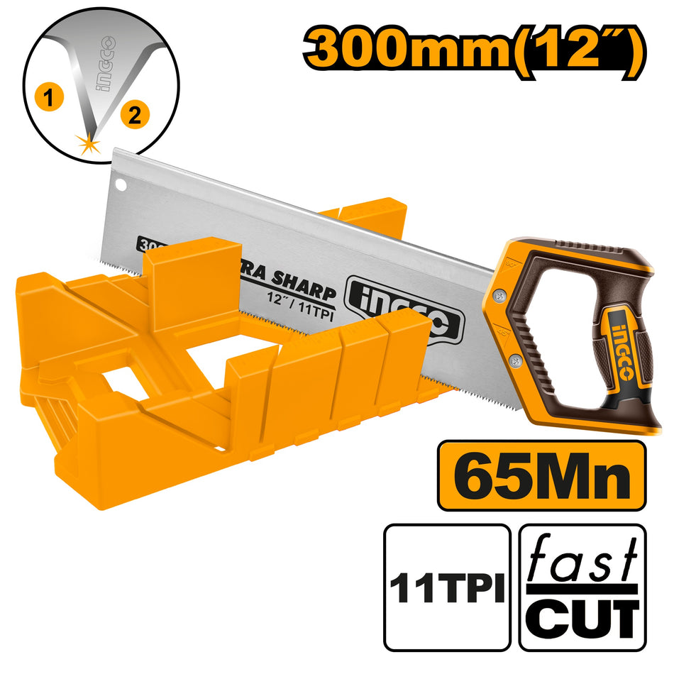 INGCO 12" (300mm) Mitre Box & Back Saw Set – Premium SK5 Alloy Steel Blade, 11 TPI Fine-Cut Teeth, 45°/90° Cutting Guides, and Ergonomic Soft Grip Handle (HMBSB30062)