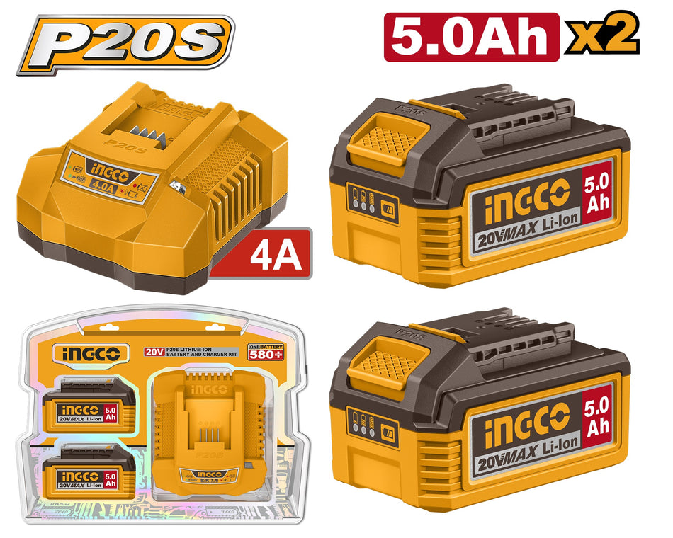 INGCO P20S Lithium-Ion Battery and Charger Kit (FBCPK2513) – Professional 20V Combo Power Kit, Includes 2.0Ah Battery Pack, Compact Fast Charger, Intelligent LED Charging Status Indicator & Universal Compatibility with All P20S Platform Tools