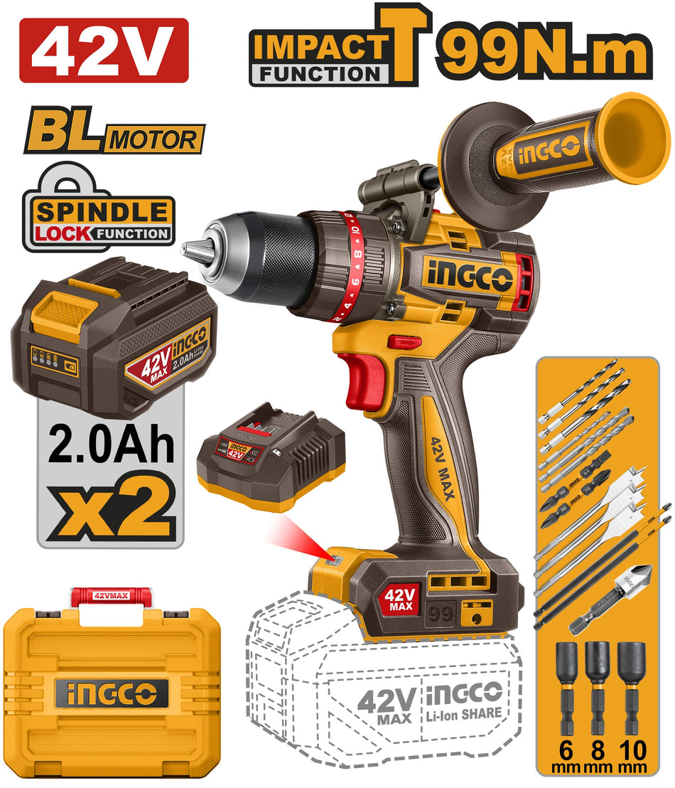 INGCO 42V BL COMPACT IMPACT DRILL 99NM 2X2.0AH & CASE- CIDLI429982