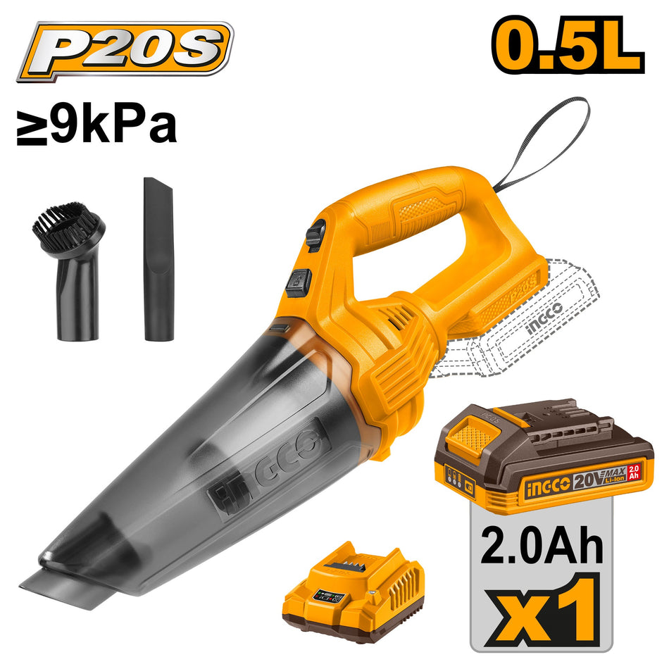 INGCO 20V Cordless Vacuum Cleaner (CVLI20126) – High-Efficiency Portable Cleaning Solution, Includes 2.0Ah Battery and Fast Charger, Compact Ergonomic Design, Optimized for Convenient Dust and Debris Removal in Workshops and Homes.