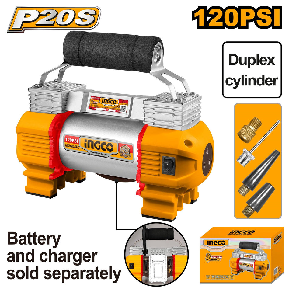 INGCO 20V Cordless Auto Air Compressor (CACLI2026) – High-Efficiency Inflation System, Portable Ergonomic Design, Engineered for Rapid Tire Inflation, Sports Equipment, and Versatile On-the-Go Air Pressure Needs for Professional and Personal Utility.