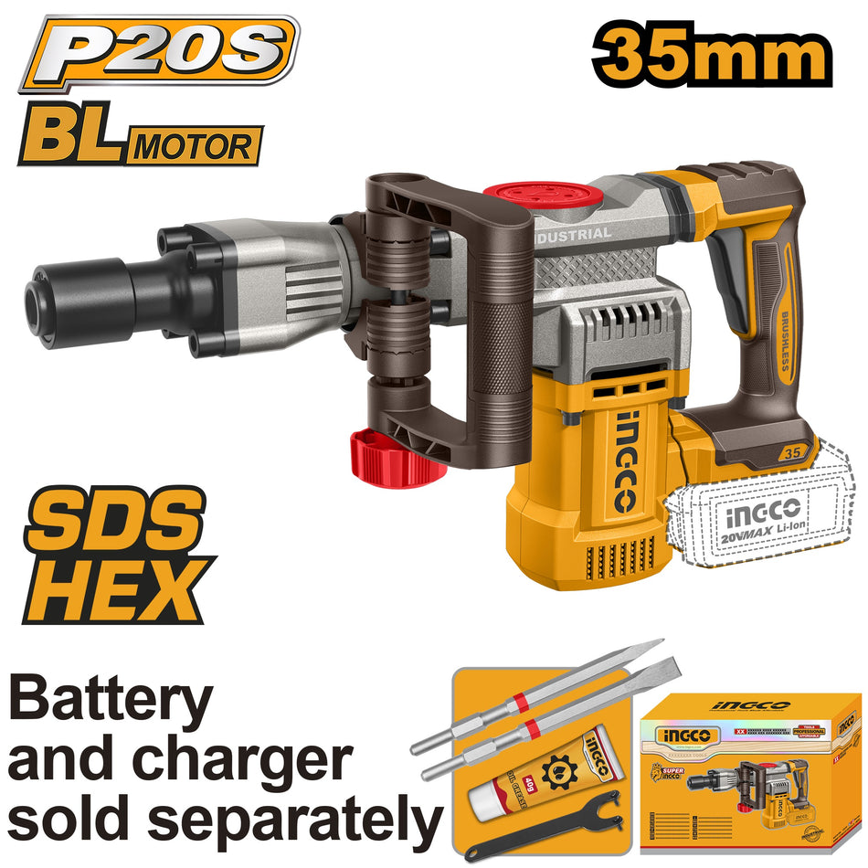 INGCO 20V Brushless Cordless Demolition Hammer (CDBLI20358) – 16J Impact Energy, High-Performance Brushless Motor, Heavy-Duty Construction, Engineered for Demanding Concrete Demolition and Industrial Renovation Projects.