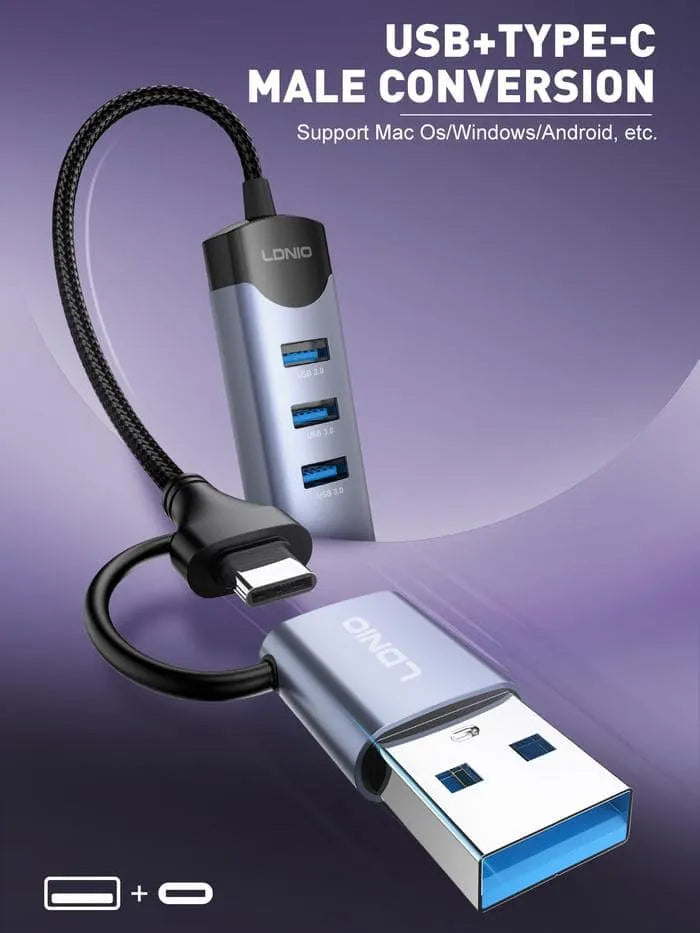 LDNIO DS-144UC | 2-in-1 USB-A & Type-C Hub (14cm) | 3x USB 3.0 + RJ45 Ethernet