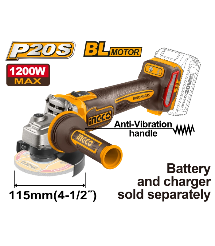 INGCO 20V Cordless Angle Grinder (CAGLI212025) – High-Performance Power System, Ergonomic Construction, Engineered for Reliability and Efficient Metal Grinding and Cutting in Professional Workspaces and Heavy-Duty Applications.