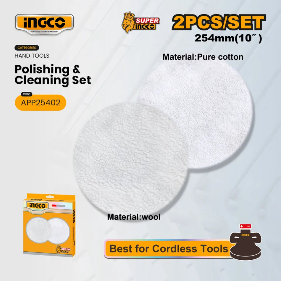 Ingco 2-Piece Professional Car Polishing Bonnet Set - 10 Inch 254mm Wool and Pure Cotton Buffing Pads for Orbital Polishers (APP25402)