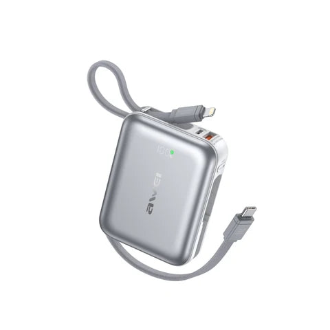 Awei C04 10,000mAh Power Bank with Built-in Cables - Silver