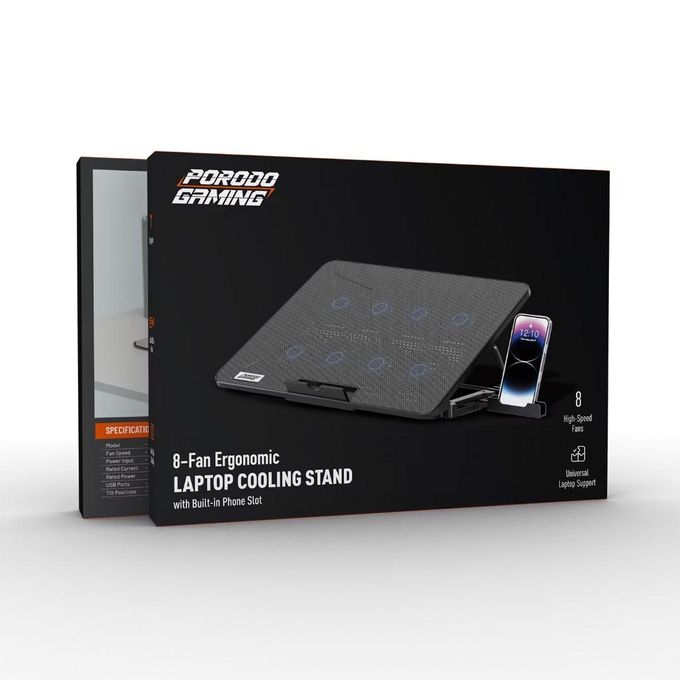 Porodo Gaming 8-Fan Ergonomic Laptop Cooling Stand with Built-in Phone Slot, Dual USB-A Ports, Compatible with Up to 16" Laptops, Anti-Slip Stability, 7 Tilt Angles (PDXF5CPBK)