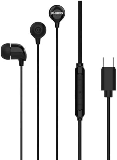 Philips TAE2146/97 In-Ear Wired Headphones with USB-C Plug, 10mm Drivers for Deep Dynamic Bass & Clear Sound, In-Line Mic & 1.2m Durable Cable - Black/White