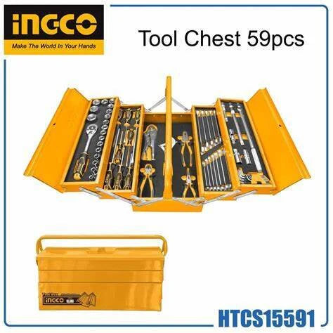 INGCO 59-Piece Professional Hand Tool & Socket Chest Set – Chrome Vanadium Steel, 1/2" Drive Ratchet, Sockets, Spanners, Pliers, and Metal Storage Box (HTCS15591)