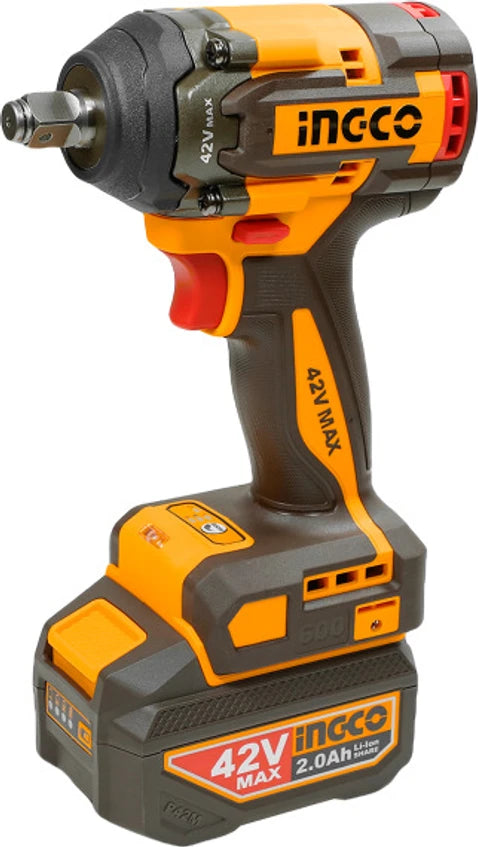 INGCO 42V Cordless Impact Wrench (CIWLI42602) – 1/2" Drive, 600Nm High-Torque Performance, Brushless Motor, Engineered for Heavy-Duty Fastening and Industrial Automotive Applications.